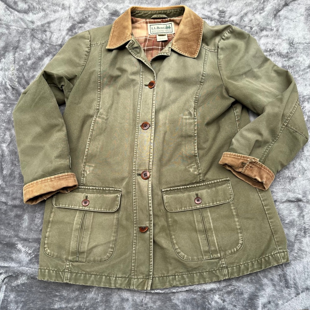 LL Bean Womens Field Coat Barn Jacket Olive Green Corduroy Trim Plaid Lined L - Picture 4 of 10